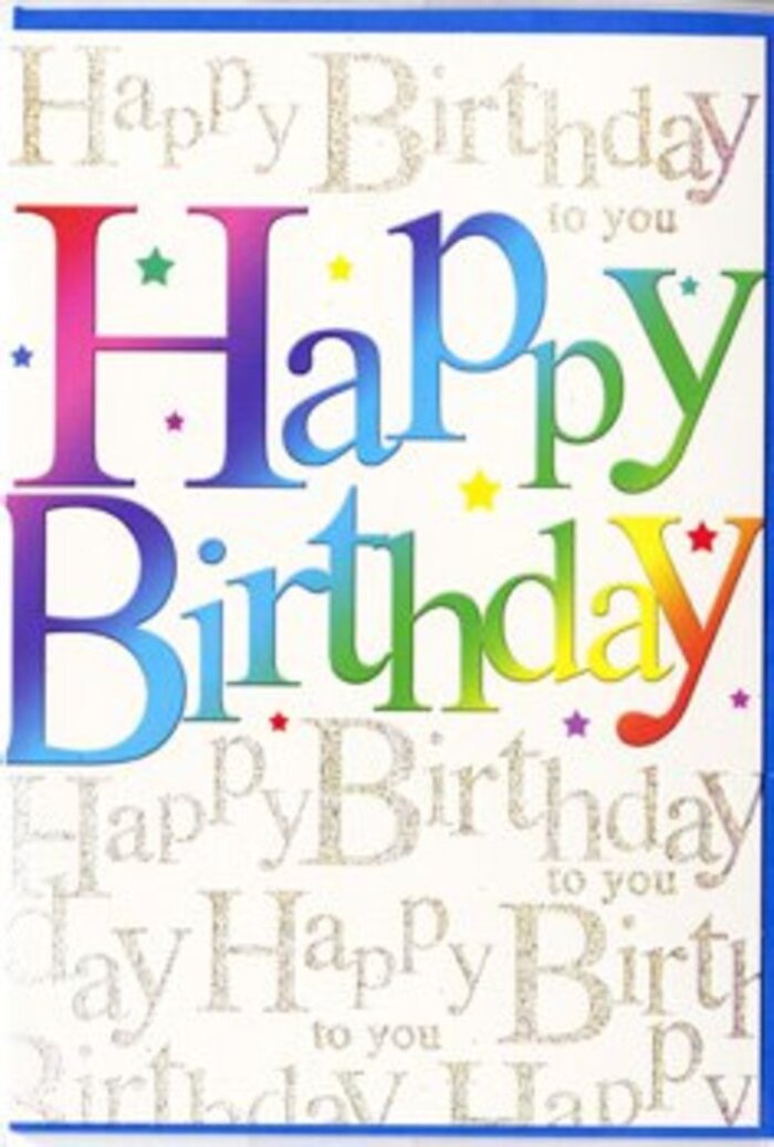 This close-up of a birthday card shows a design that is both lively and refined, echoing the calm yet friendly ambiance of Old Malden's tree-lined streets. At the heart of the card, the words "Happy Birthday" stretch in generous, bold letters that stand proud against a softly patterned background. Each letter is coloured with a flowing gradient that drifts through the full spectrum: from deep crimson and berry shades into plums and royal purples, then to sea blues, leafy greens, and finally warm oranges and sunny yellows. The blending is gentle and seamless, reminiscent of flower petals transitioning from one hue to another in a carefully composed celebration arrangement. Lightly scattered around the typography are small multicoloured stars and specks, giving a sense of confetti resting after a joyful party, or the flicker of bunting and balloons at a family gathering in a local Old Malden garden. Behind this, the background is layered with repeated strands of gold cursive writing, endlessly looping the words "Happy Birthday to you." The script is slender, graceful, and just slightly raised, catching light in a subtle metallic shimmer that adds depth without overwhelming the design-like sunlight glancing off windows of the shops near the High Street. The card's surface appears smooth with a tasteful satin finish, hinting at quality paper stock you'd be pleased to send to someone dear. Altogether, the combination of rainbow lettering, confetti-like details, and whispering gold script creates a mood of heartfelt celebration, making this card a beautiful companion to a birthday bouquet delivered anywhere across Old Malden's homes and quiet avenues.